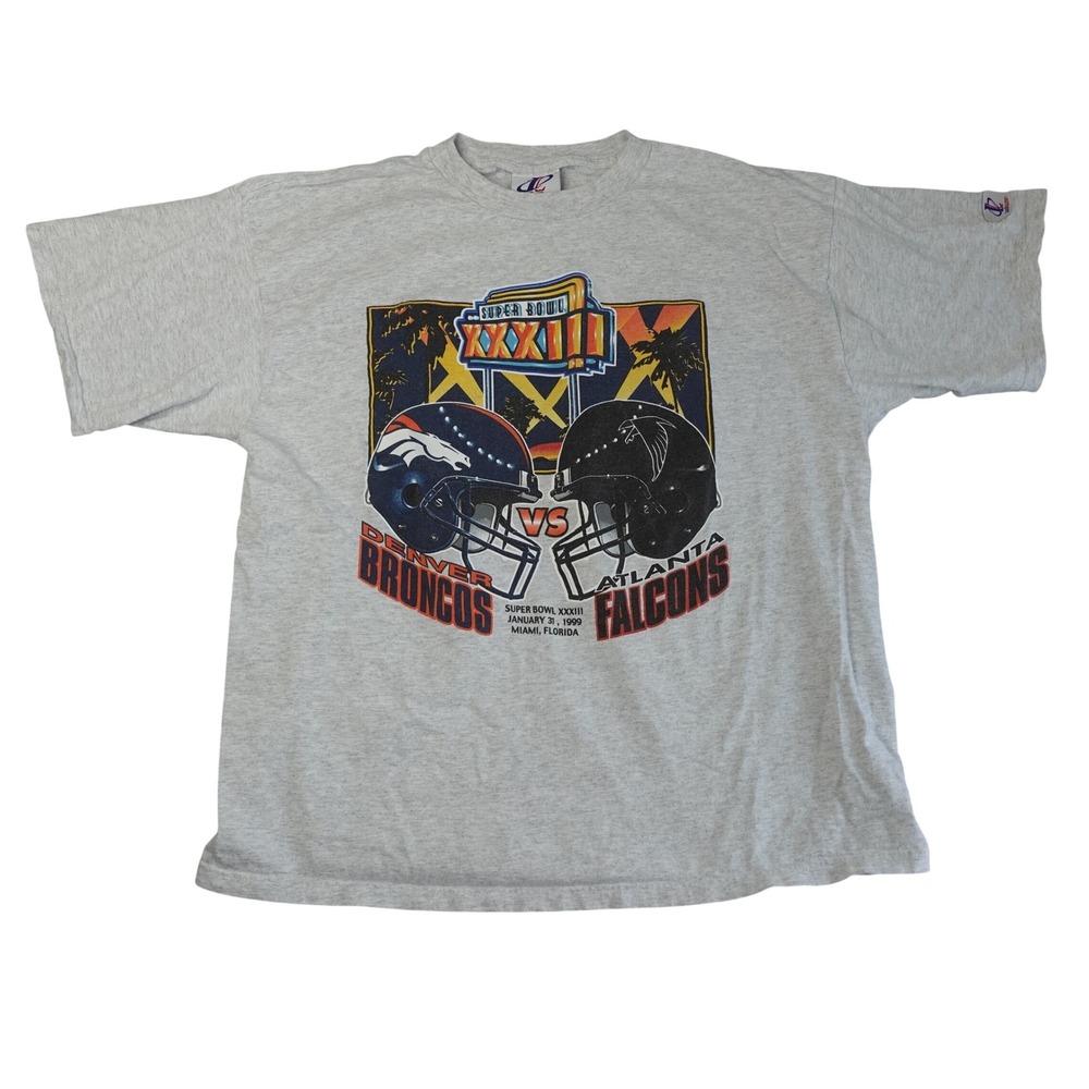 Vintage 1991 Super Bowl T-Shirt XL Grey XXXIII Broncos Falcons Game 90s Tee Rare